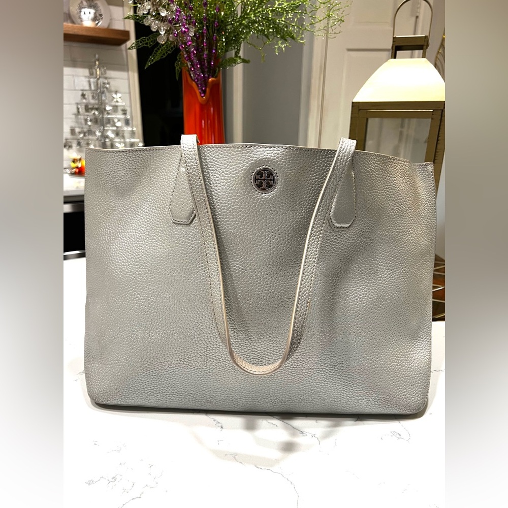 Tory Burch Perry Metallic Gray Leather Large Silver Tote Bag